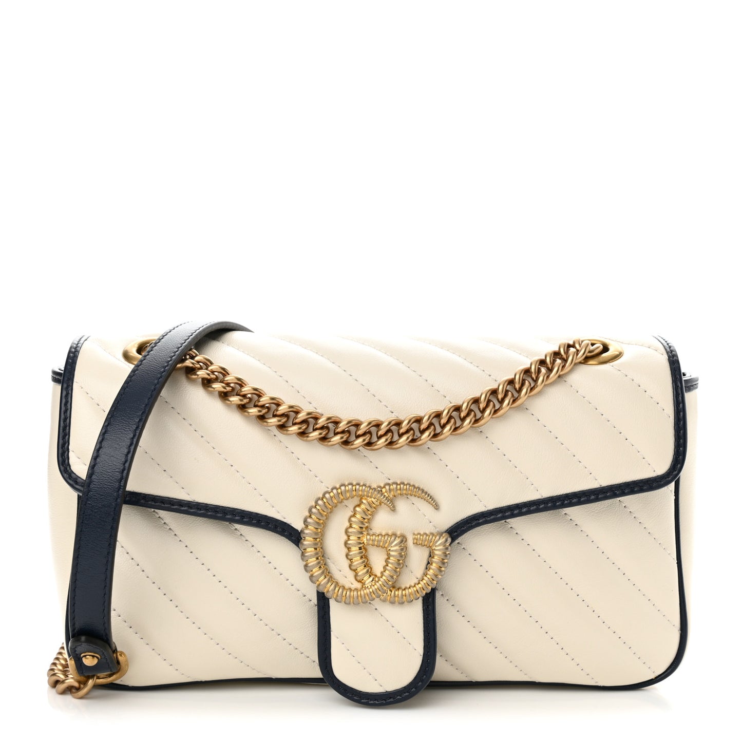 Vintage Effect Calfskin Matelasse Diagonal Small Torchon GG Marmont Shoulder Bag Mystic White Blue Agata