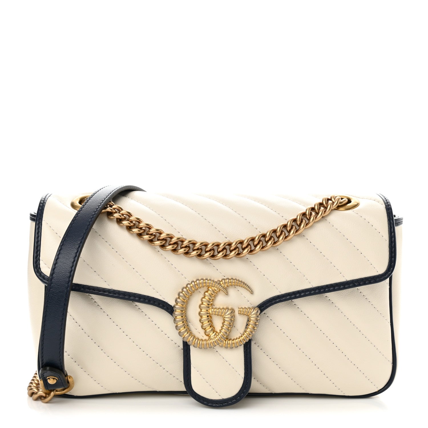Gucci Vintage Effect Calfskin Matelasse Diagonal Small Torchon GG Marmont Shoulder Bag Mystic White Blue Agata 1 of 11