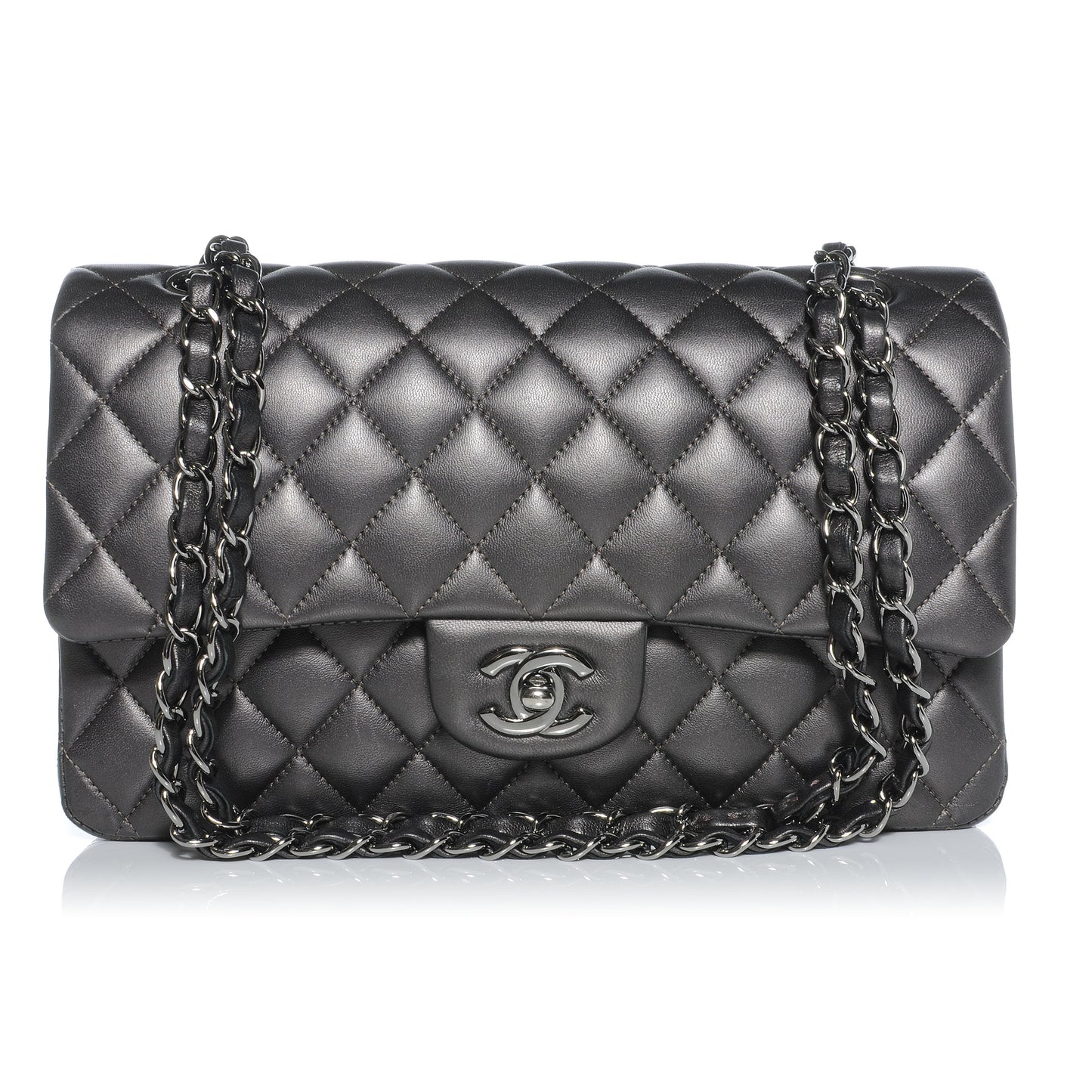 Lambskin Medium Double Flap Dark Metallic Grey