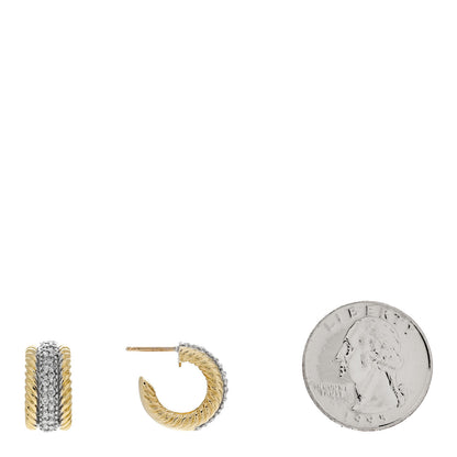 David Yurman 18K Yellow White Gold Diamond Huggie Hoop Earrings 2 of 4