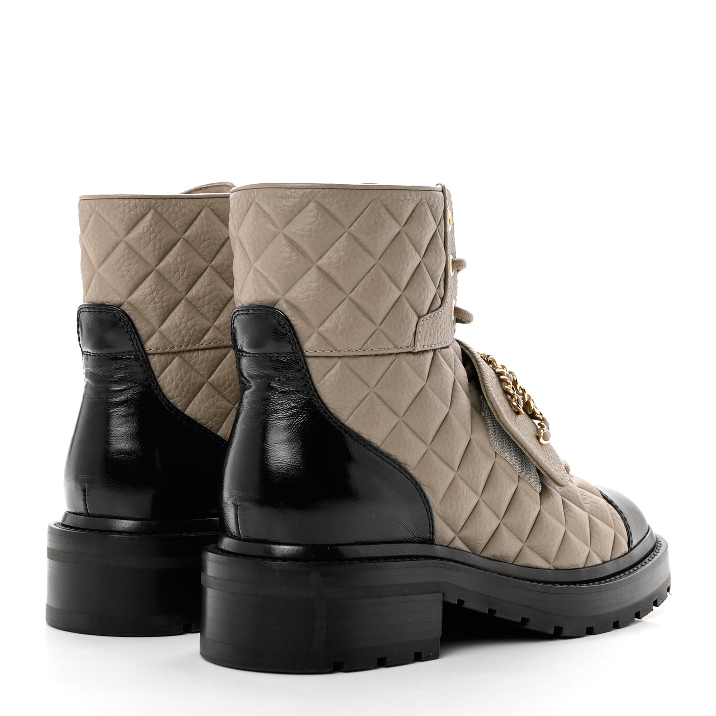 Calfskin Shiny Calfskin Quilted Lace Up Combat Boots 37 Dark Beige Black