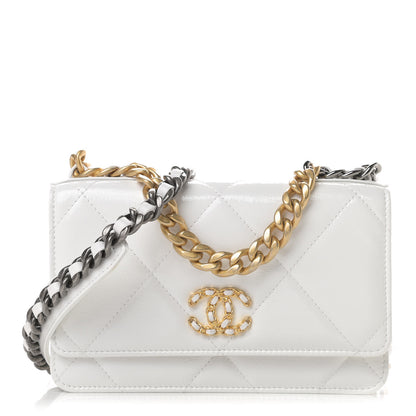 Chanel Shiny Crumpled Calfskin Quilted Chanel 19 Wallet On Chain WOC White 1 of 13