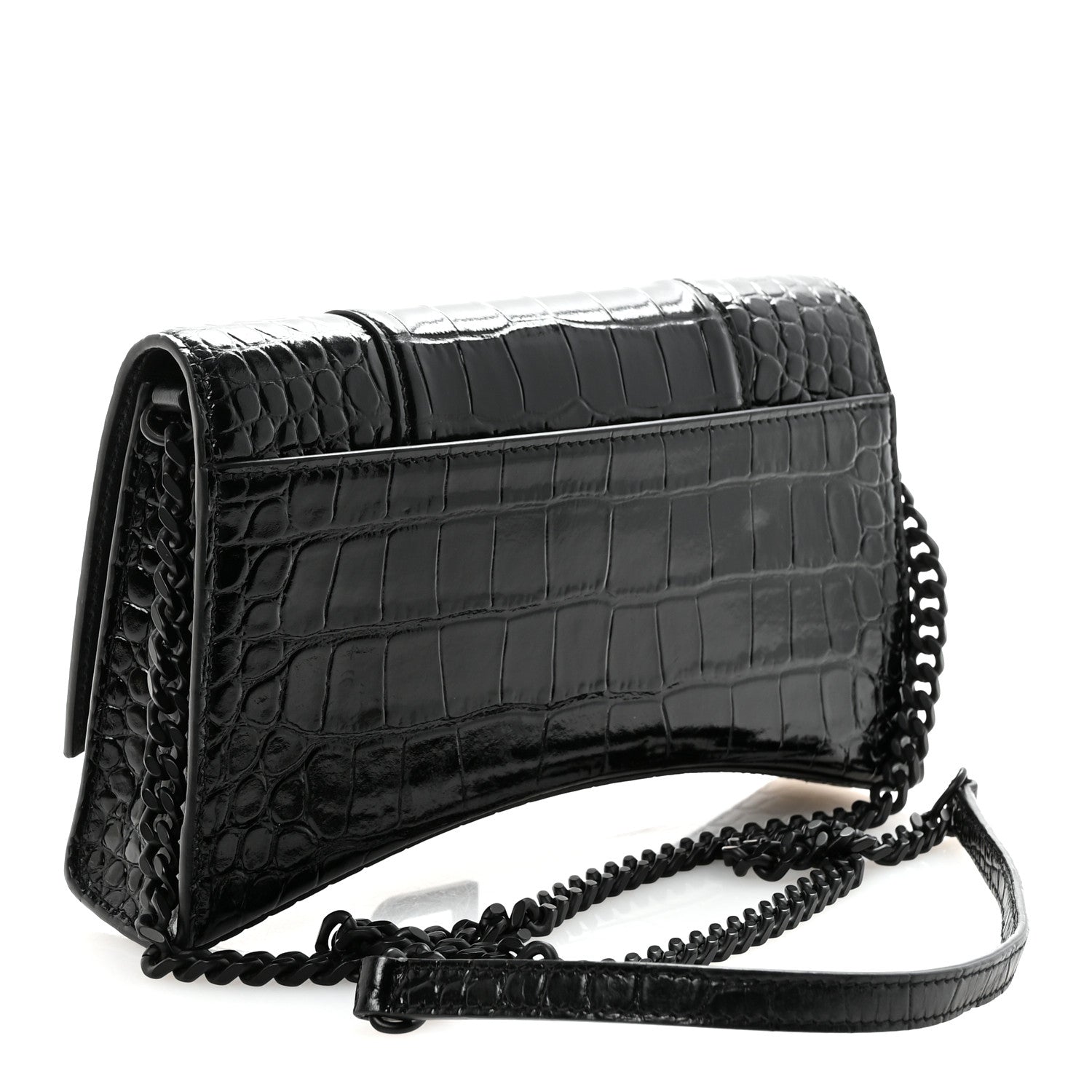 Balenciaga Shiny Calfskin Monochrome Crocodile Embossed Small Hourglass Evening Chain Bag Black 3 of 9
