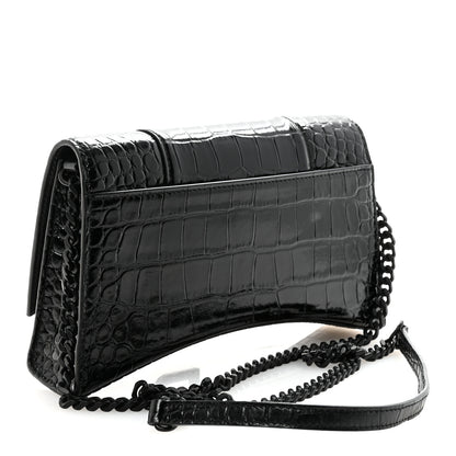 Balenciaga Shiny Calfskin Monochrome Crocodile Embossed Small Hourglass Evening Chain Bag Black 3 of 9