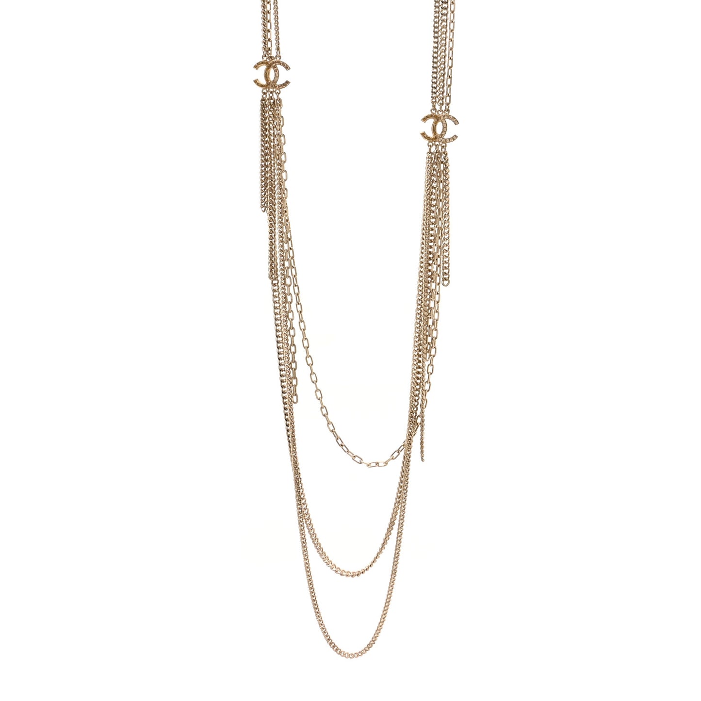 Baguette Crystal Gripoix Poured Glass CC Multi Strand Chain Necklace Light Gold