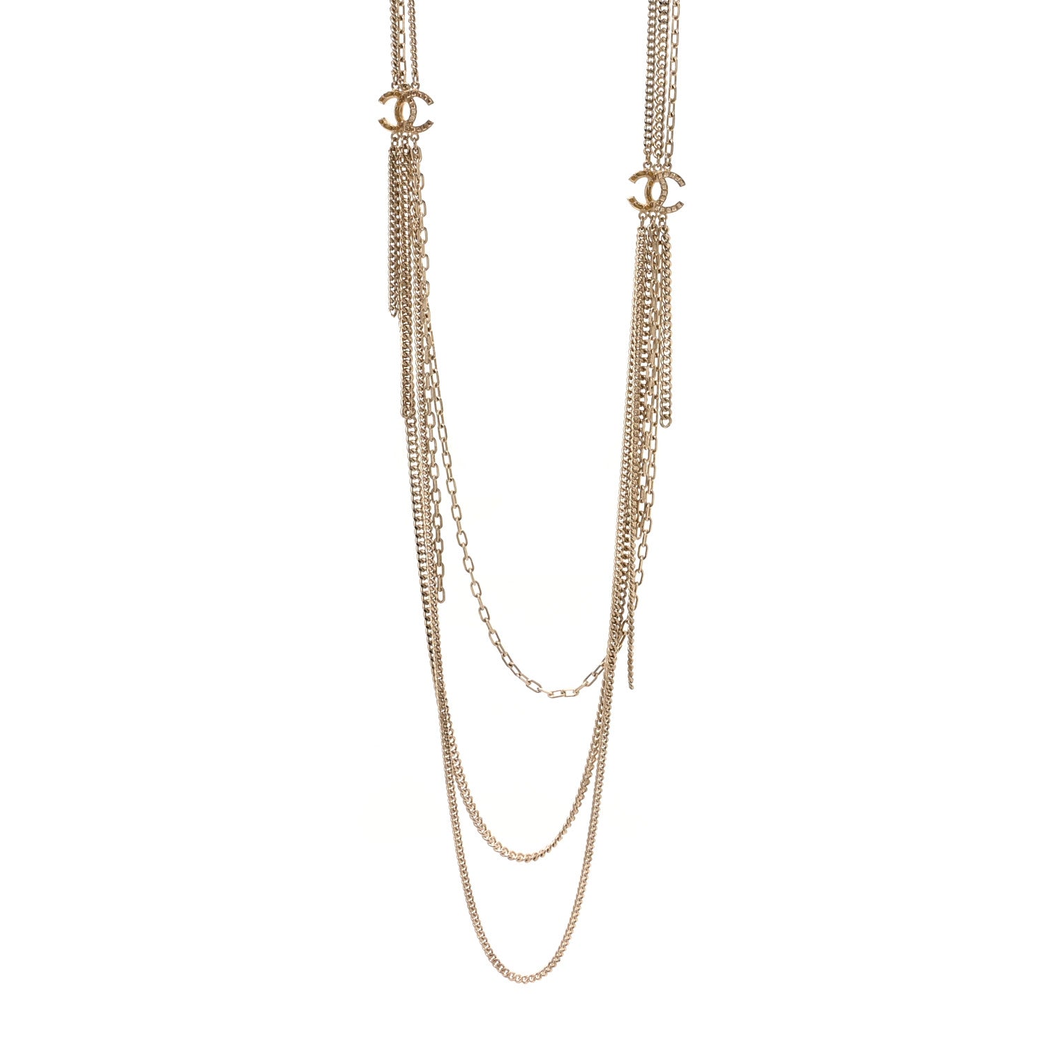 Chanel Baguette Crystal Gripoix Poured Glass CC Multi Strand Chain Necklace Light Gold 1 of 4