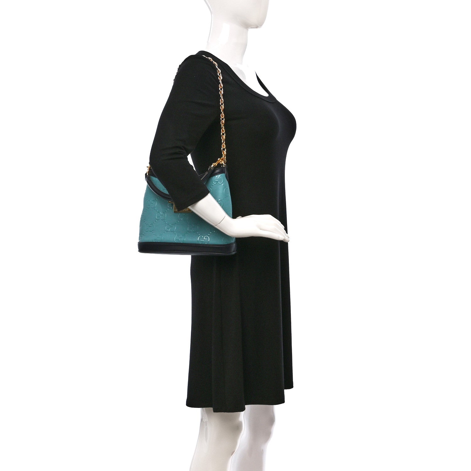 Gucci Wonka Grain Calfskin Bi-Color GG Debossed Small Padlock Shoulder Bag Dusty Azure Blue 2 of 9