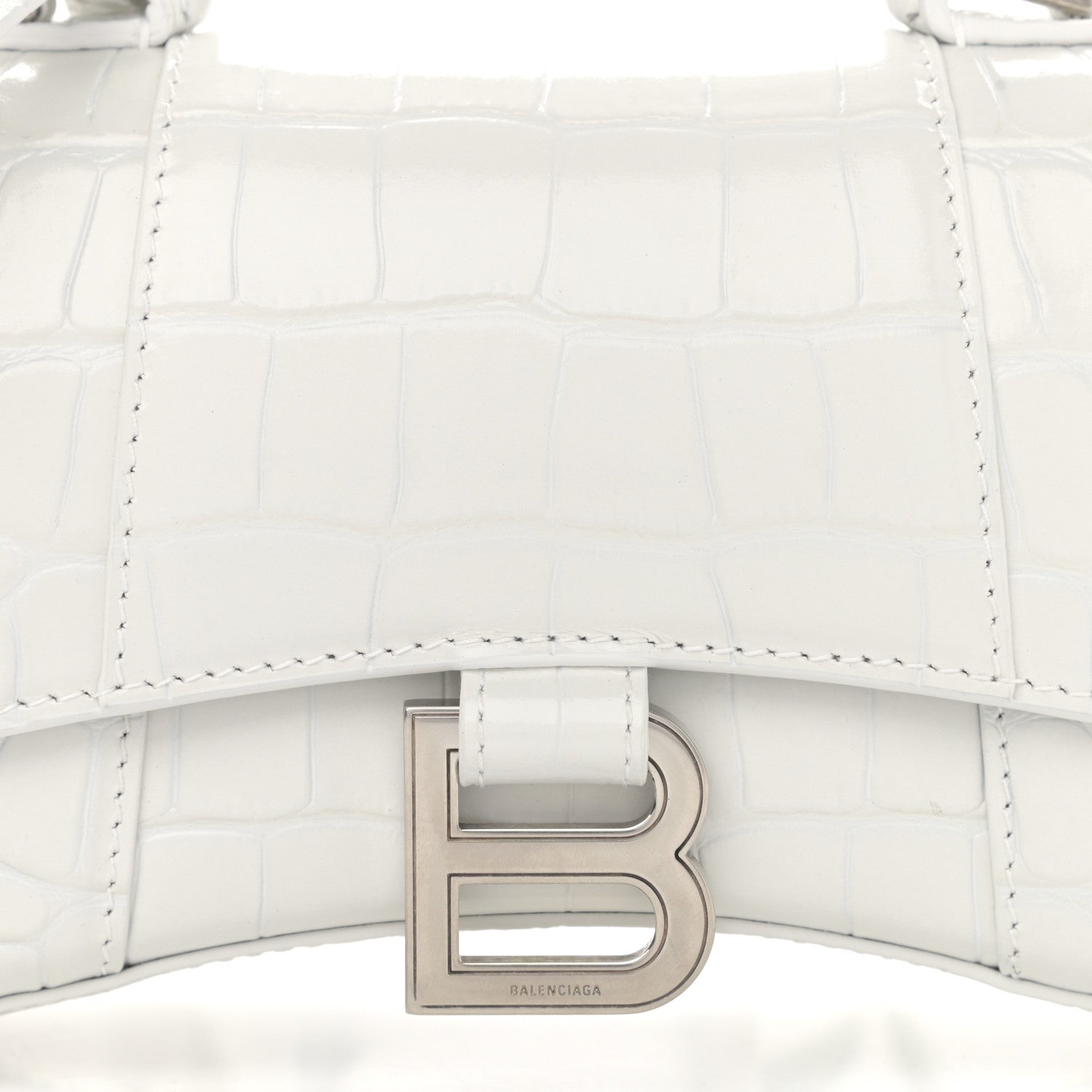 Balenciaga Shiny Calfskin Crocodile Embossed Hourglass Top Handle Bag XS White 8 of 10