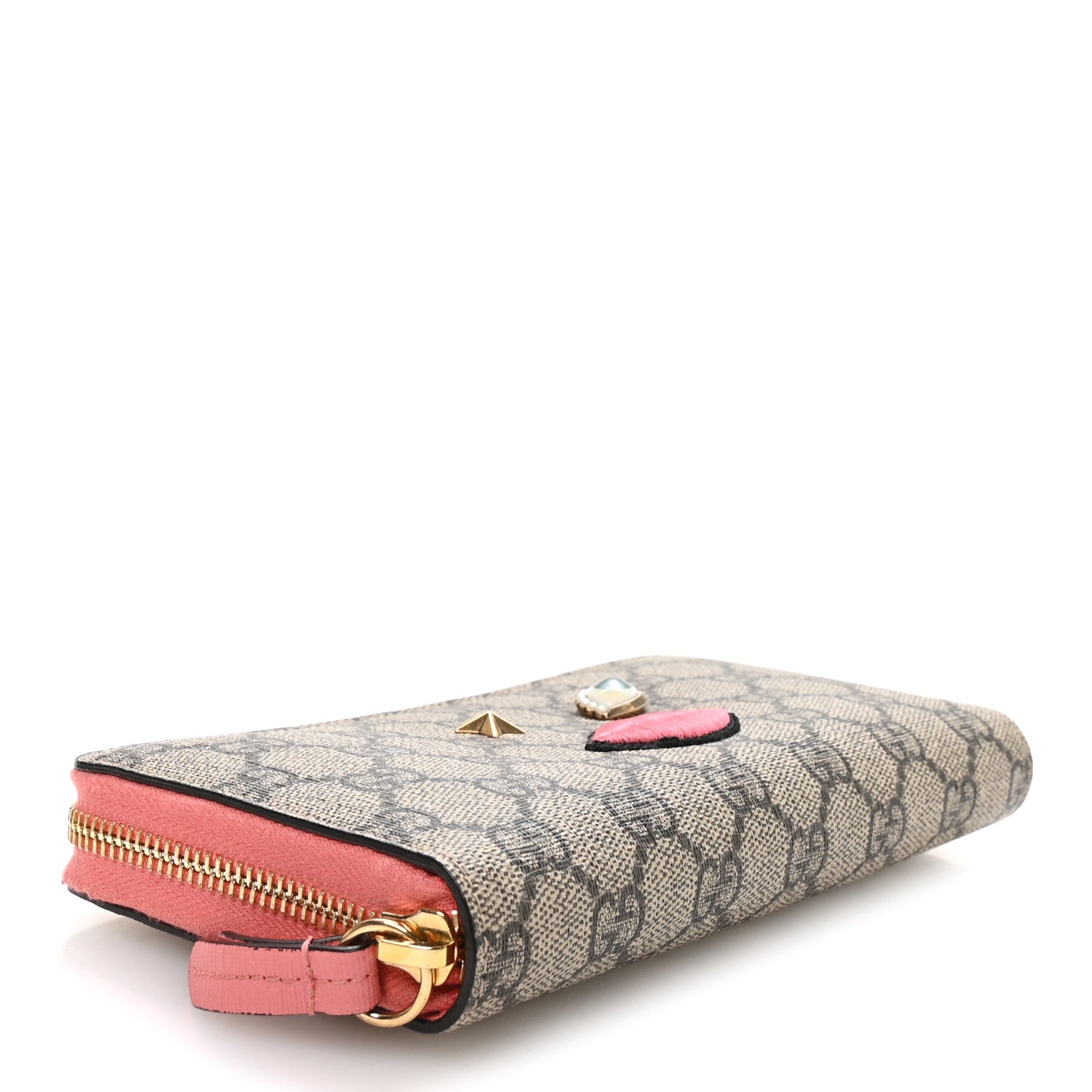 Gucci GG Supreme Monogram Embroidered Face Zip Around Wallet Pink