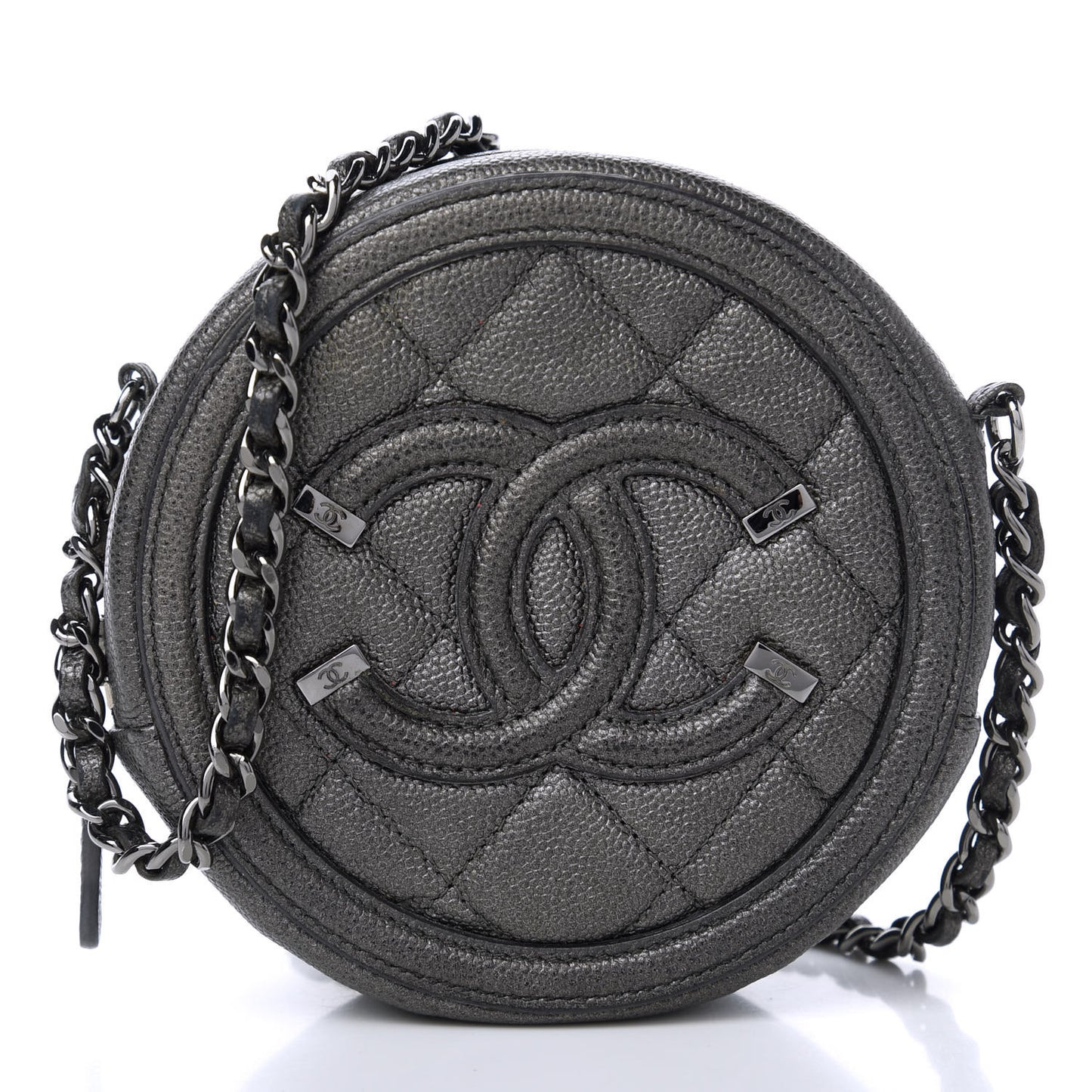 Metallic Caviar Quilted Round Filigree Crossbody Ruthenium