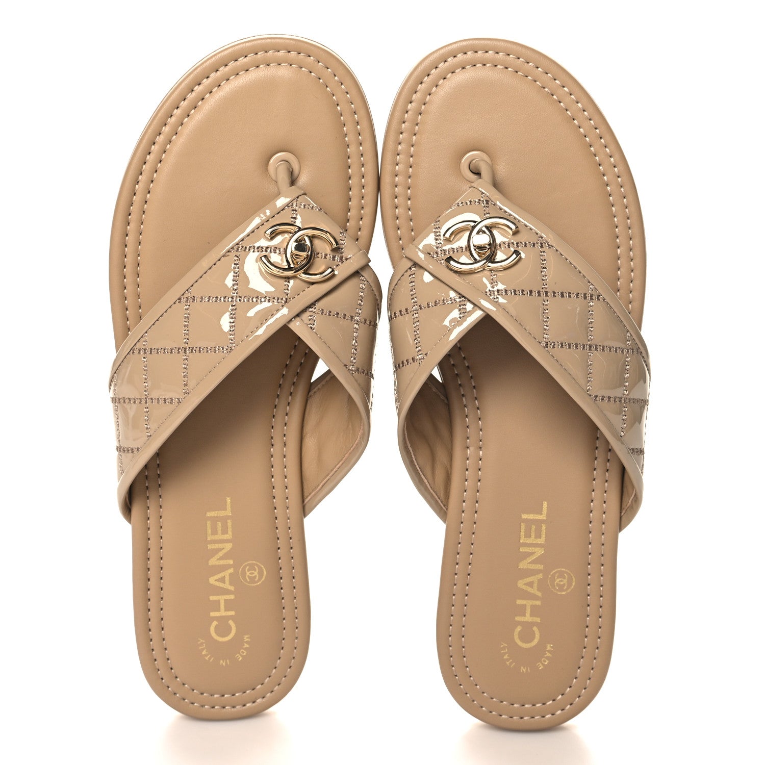 Chanel Patent Quilted CC Sandals 38.5 Beige 2 of 9