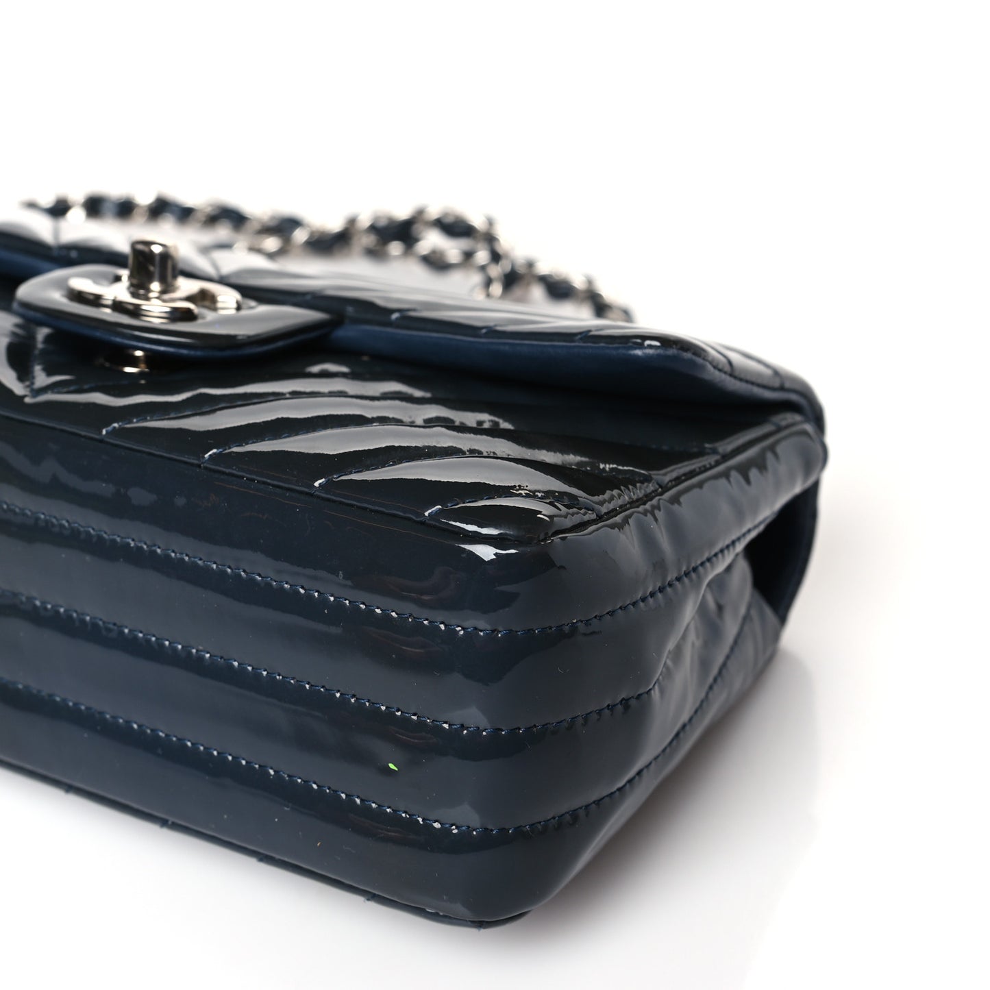 Patent Calfskin Chevron Quilted Mini Rectangular Flap Navy Blue