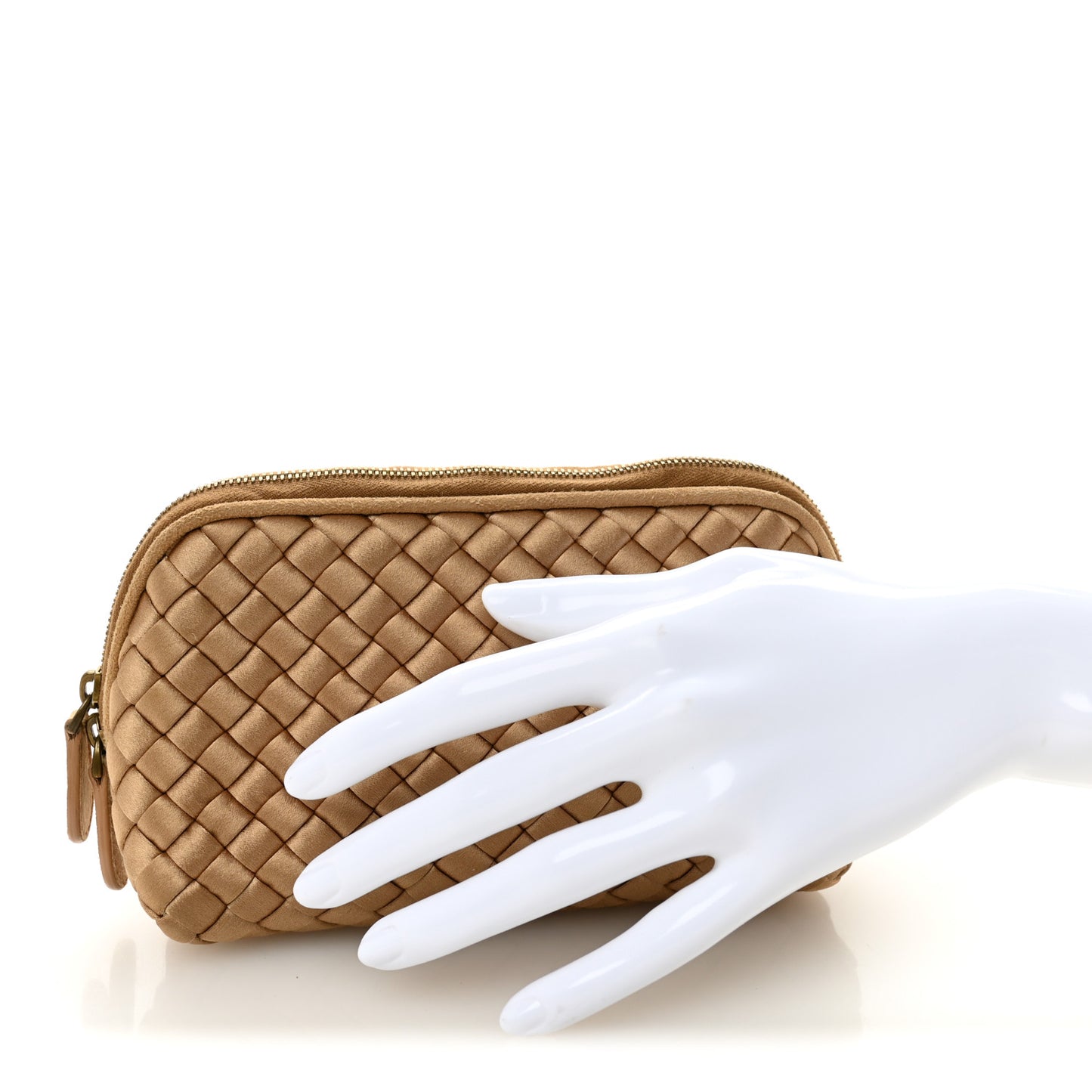 Satin Intrecciato Small Cosmetic Pouch Camel