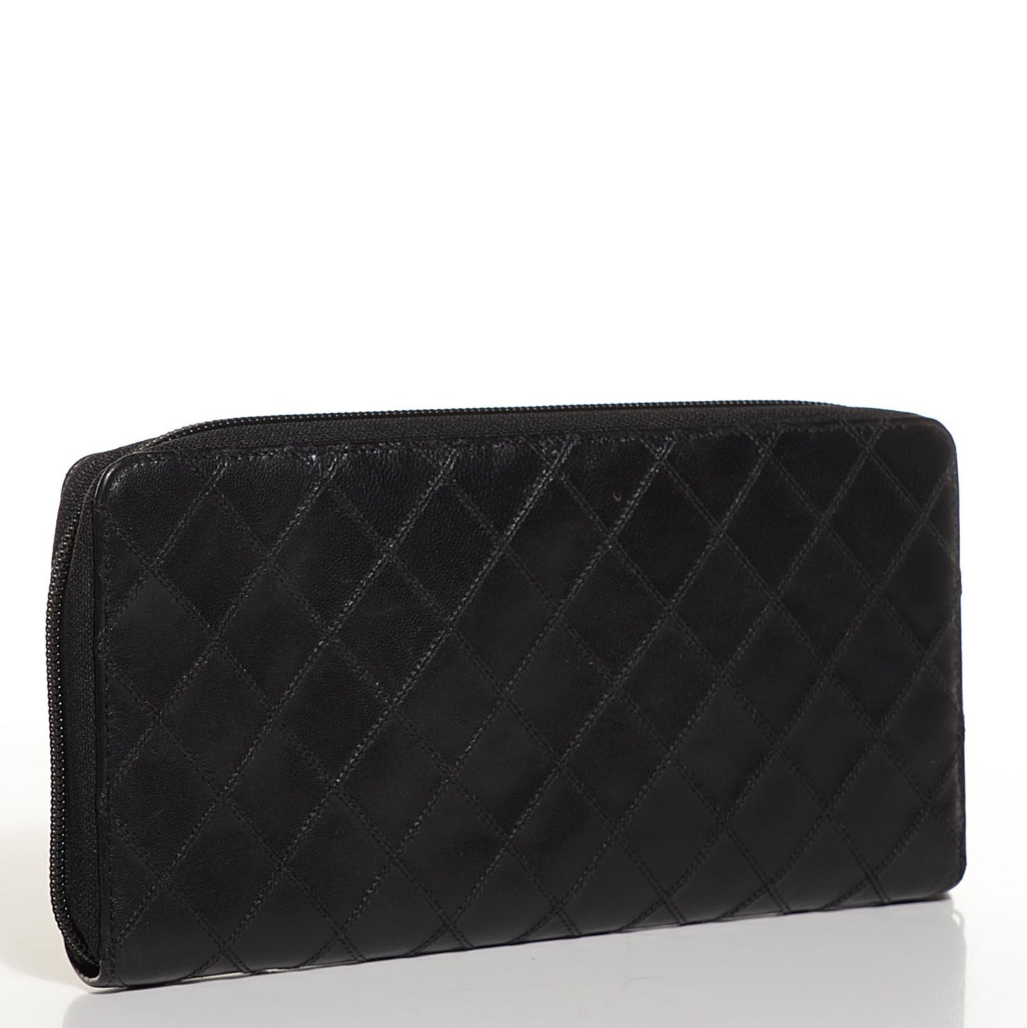 Lambskin Diamond Stitched Large Zip Around Wallet Black