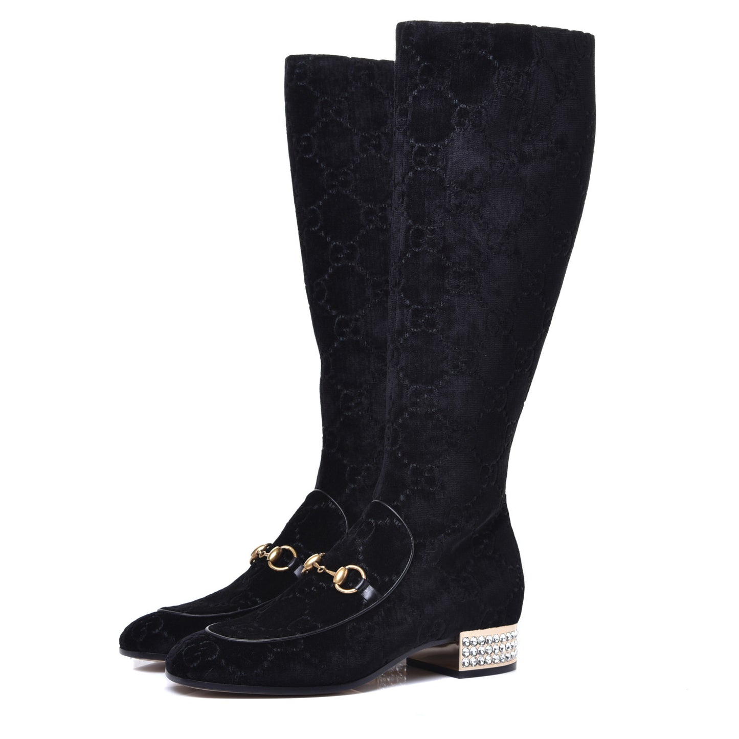 Velvet GG Monogram Crystal Horsebit Knee High Boots 39 Black