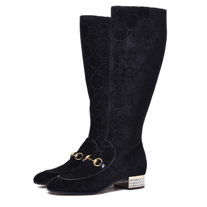 Gucci Velvet GG Monogram Crystal Horsebit Knee High Boots 39 Black 3 of 9