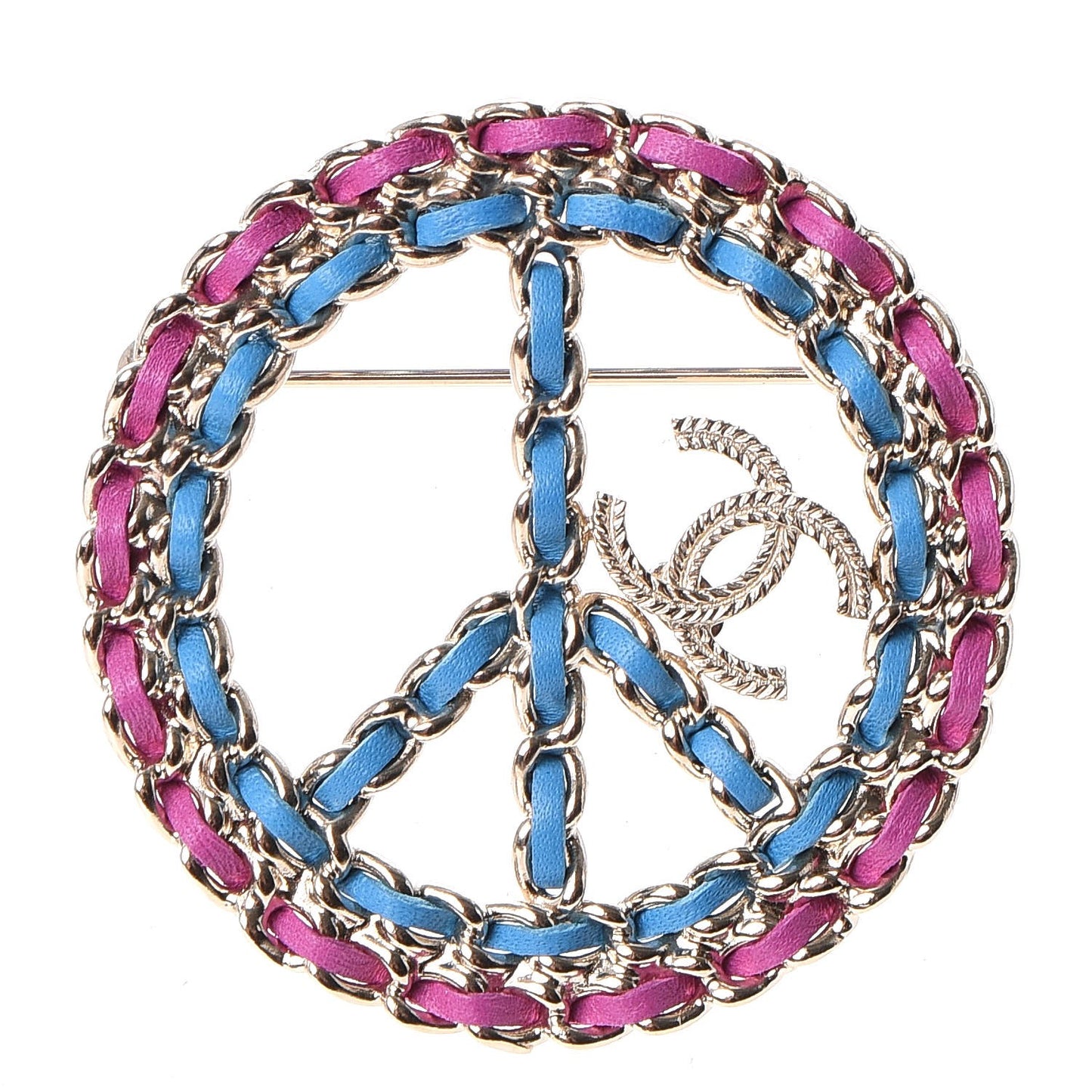Metal Calfskin Braided Peace Sign CC Brooch Blue Purple Gold
