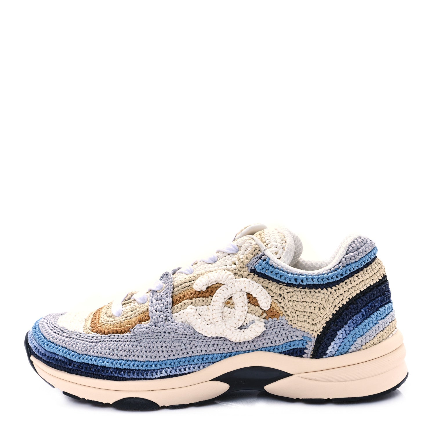 Chanel Braided Raffia Womens CC Sneakers 40 Blue Beige 1 of 11