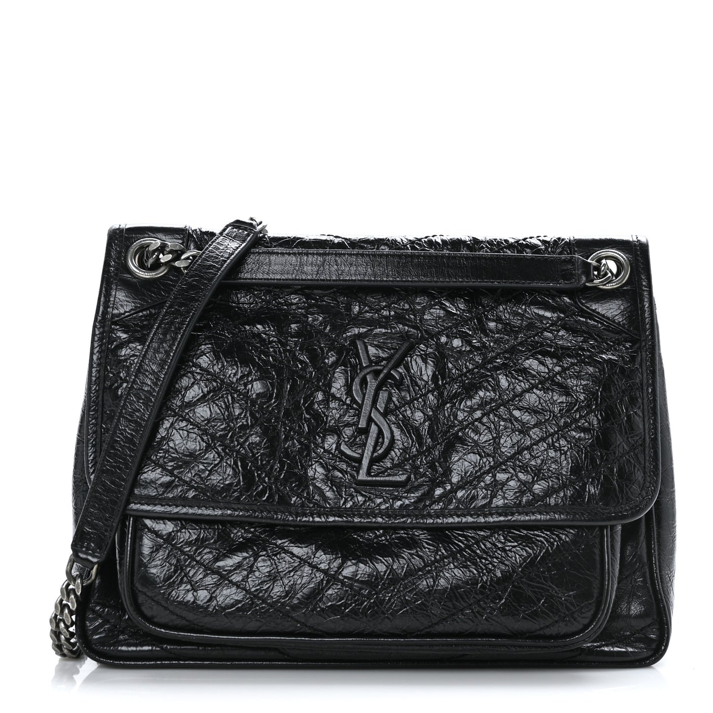 Crinkled Calfskin Matelasse Monogram Medium Niki Chain Satchel Black
