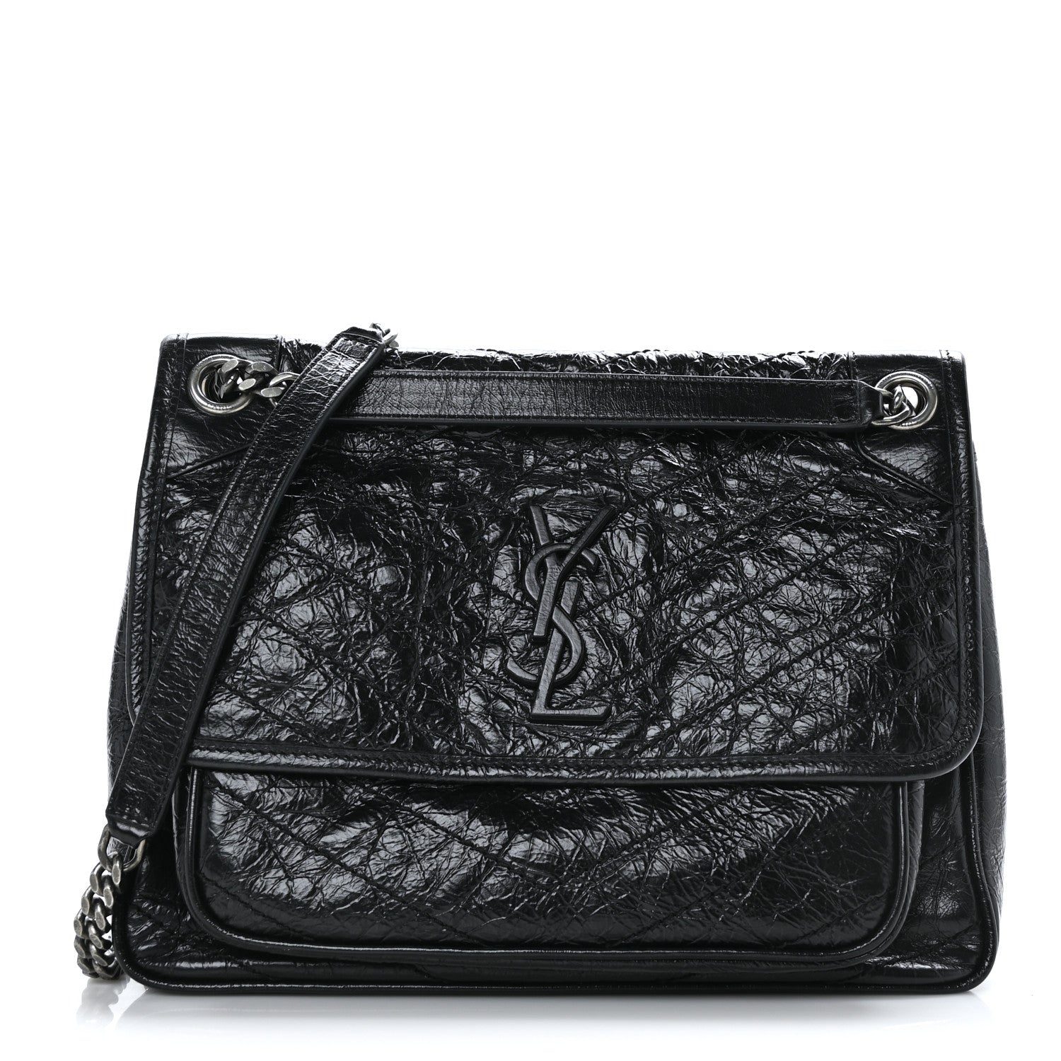 Saint Laurent Crinkled Calfskin Matelasse Monogram Medium Niki Chain Satchel Black 1 of 9