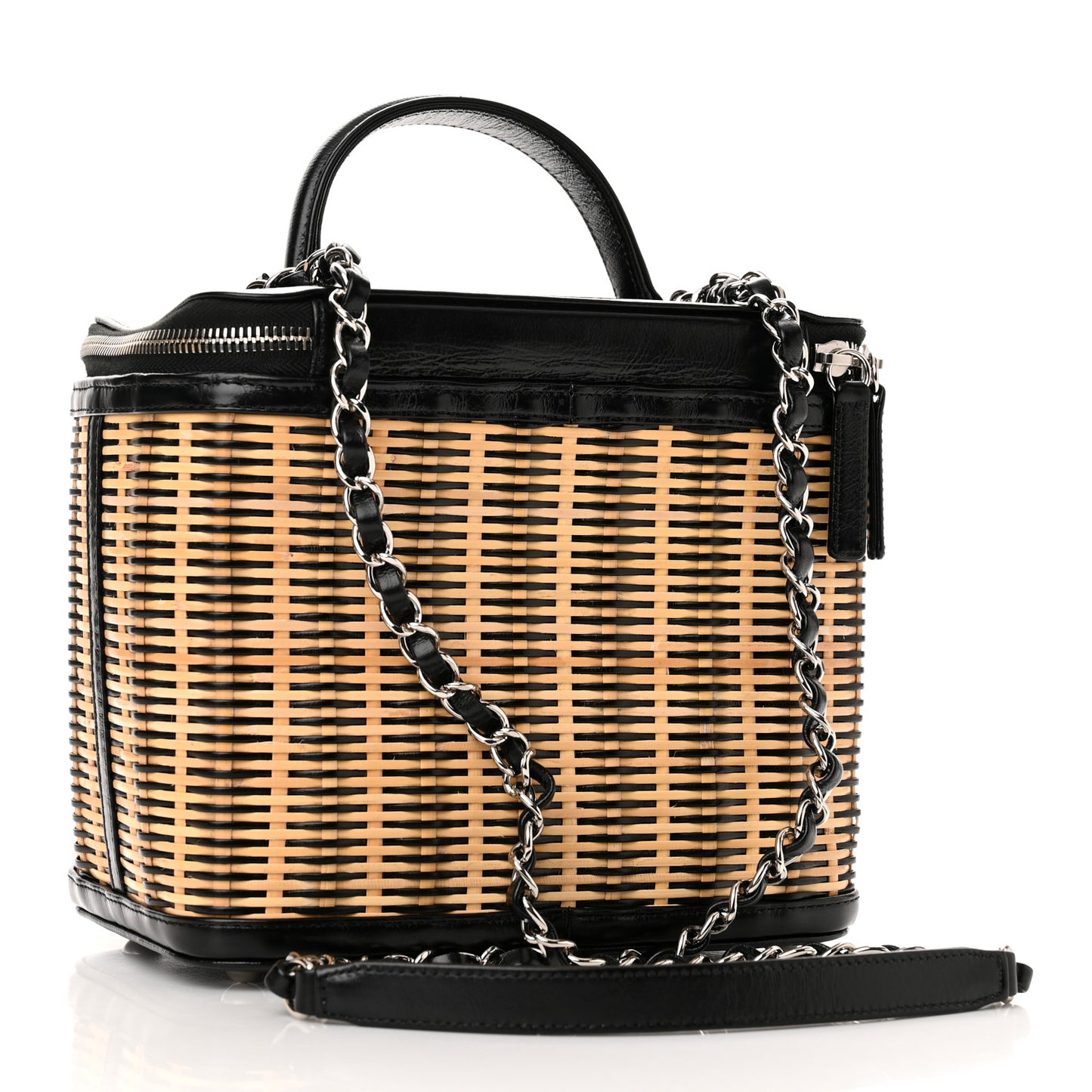 Glazed Calfskin Raffia Vanity Case Bag Black Beige