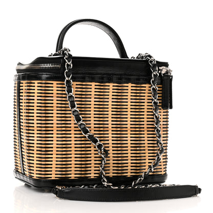 Chanel Glazed Calfskin Raffia Vanity Case Bag Black Beige 2 of 12