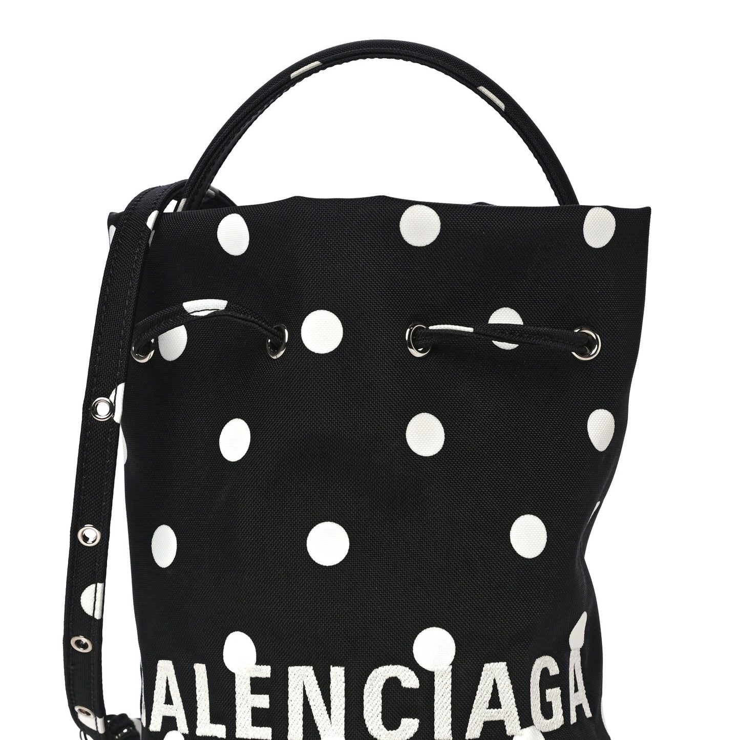 Recycled Sport Nylon Polka Dot Logo Embroidered Wheel Drawstring Bucket Bag XS Black White
