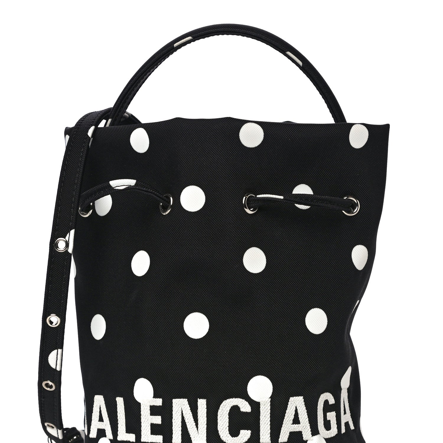 Balenciaga Recycled Sport Nylon Polka Dot Logo Embroidered Wheel Drawstring Bucket Bag XS Black White 7 of 9