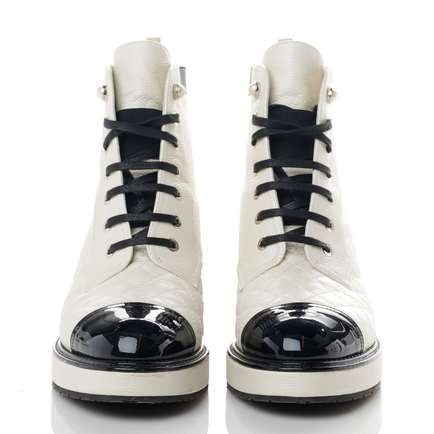 Chanel Pearly Calfskin Patent Calfskin Quilted Lace Up Boots 39.5 White Light Gray Black 3 of 11