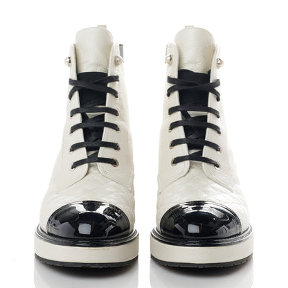 Chanel Pearly Calfskin Patent Calfskin Quilted Lace Up Boots 39.5 White Light Gray Black 3 of 11