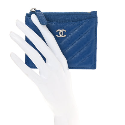 Chanel Caviar Chevron Quilted CC Zip Card Holder Blue 2 of 8