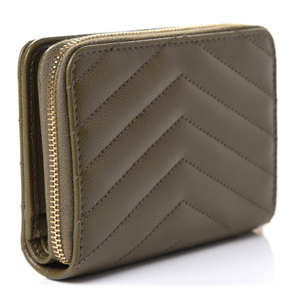 Saint Laurent Grain De Poudre Matelasse Chevron Monogram Compact Zip Around Wallet Vert Kaki 3 of 9