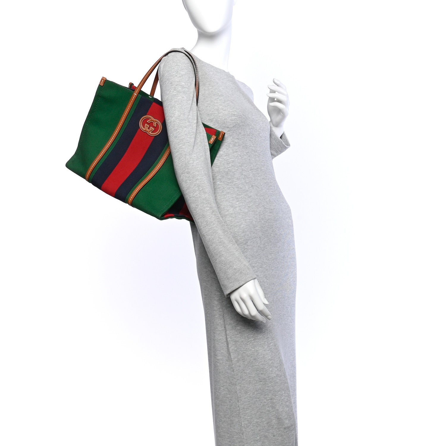Gucci Canvas Calfskin Web Small Interlocking G Tote Bag Green Red 2 of 10