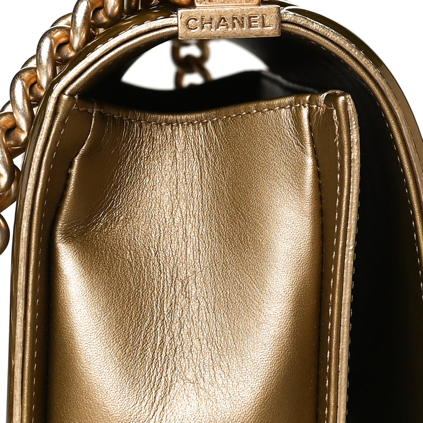 Metallic Patent Calfskin Quilted New Medium Boy Flap Gold