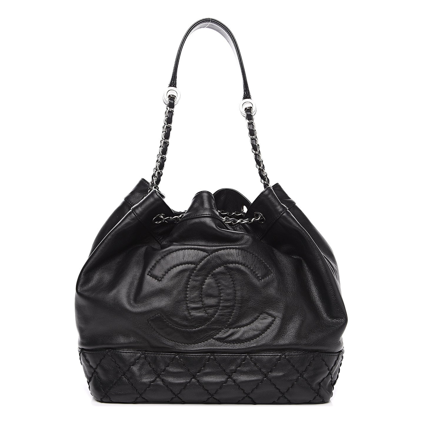 Calfskin Drawstring CC Bucket Bag Black