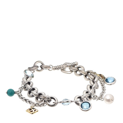 David Yurman Sterling Silver 18K Yellow Gold Blue Topaz Turquoise Pearl Old World Charm Bracelet 1 of 4