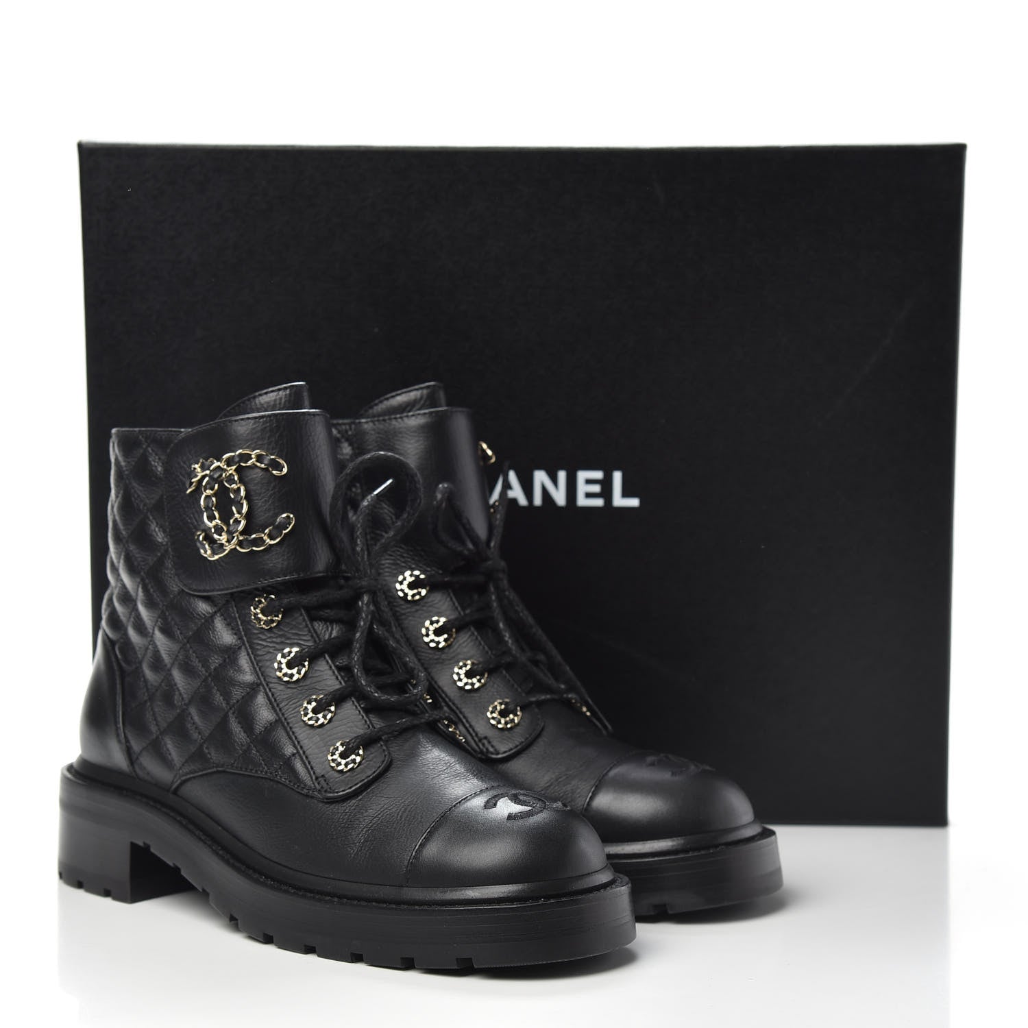 Chanel Shiny Goatskin Calfskin Quilted Lace Up Combat Boots 39 Black 9 of 9