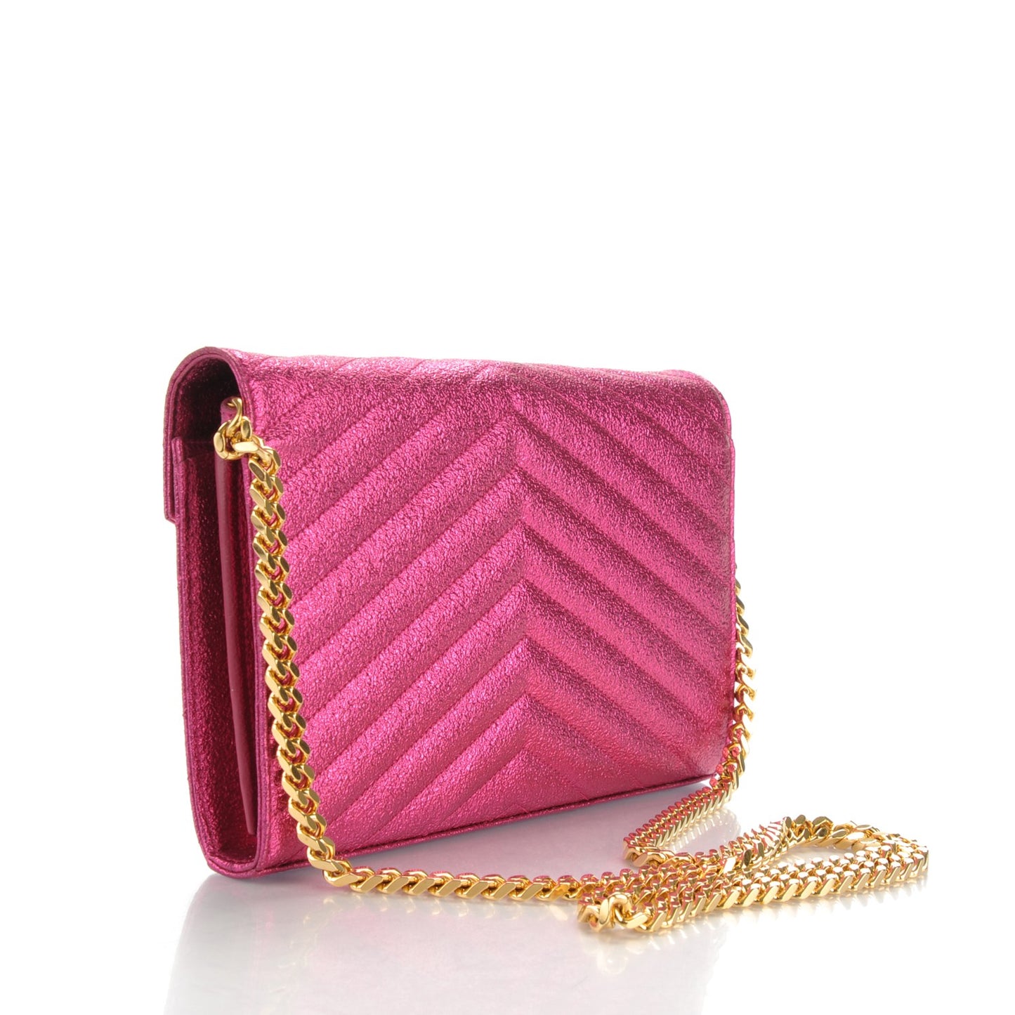 Metallic Crackled Calfskin Matelasse Chevron Monogram Chain Wallet Fuchsia