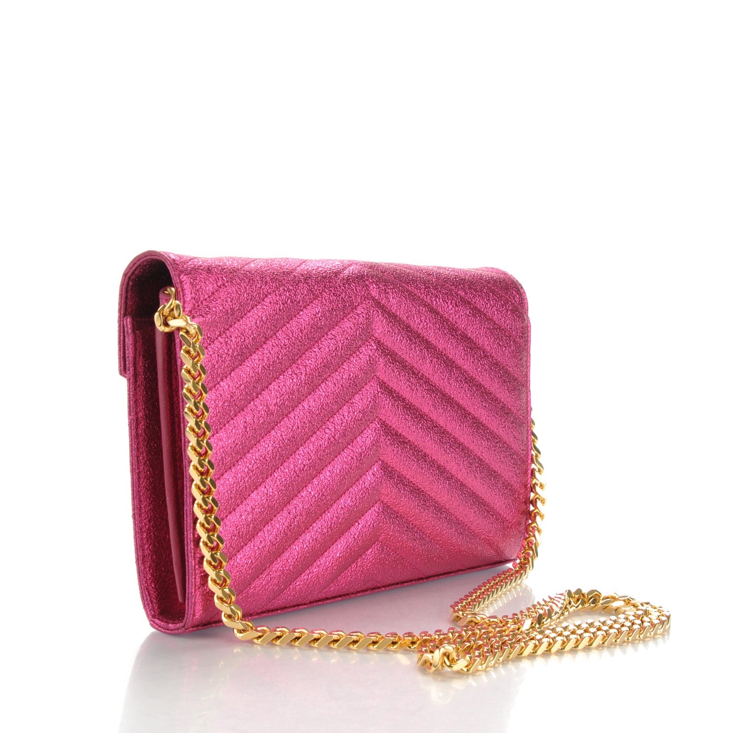 Saint Laurent Metallic Crackled Calfskin Matelasse Chevron Monogram Chain Wallet Fuchsia 3 of 6