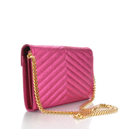 Saint Laurent Metallic Crackled Calfskin Matelasse Chevron Monogram Chain Wallet Fuchsia 3 of 6