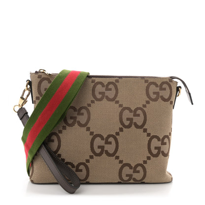 Gucci Monogram Jumbo GG Textured Dollar Calfskin Web Wristlet Messenger Bag Camel Ebony New Acero 1 of 12
