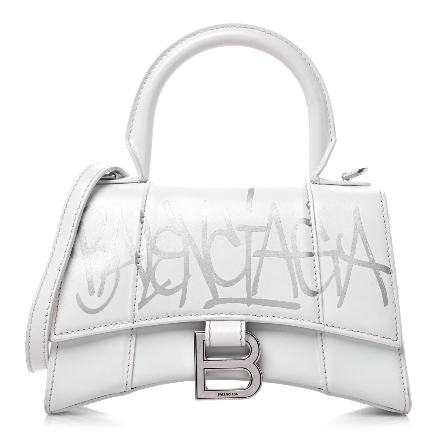 Box Calfskin Graffiti Logo Hourglass Top Handle Bag XS White Light Silver