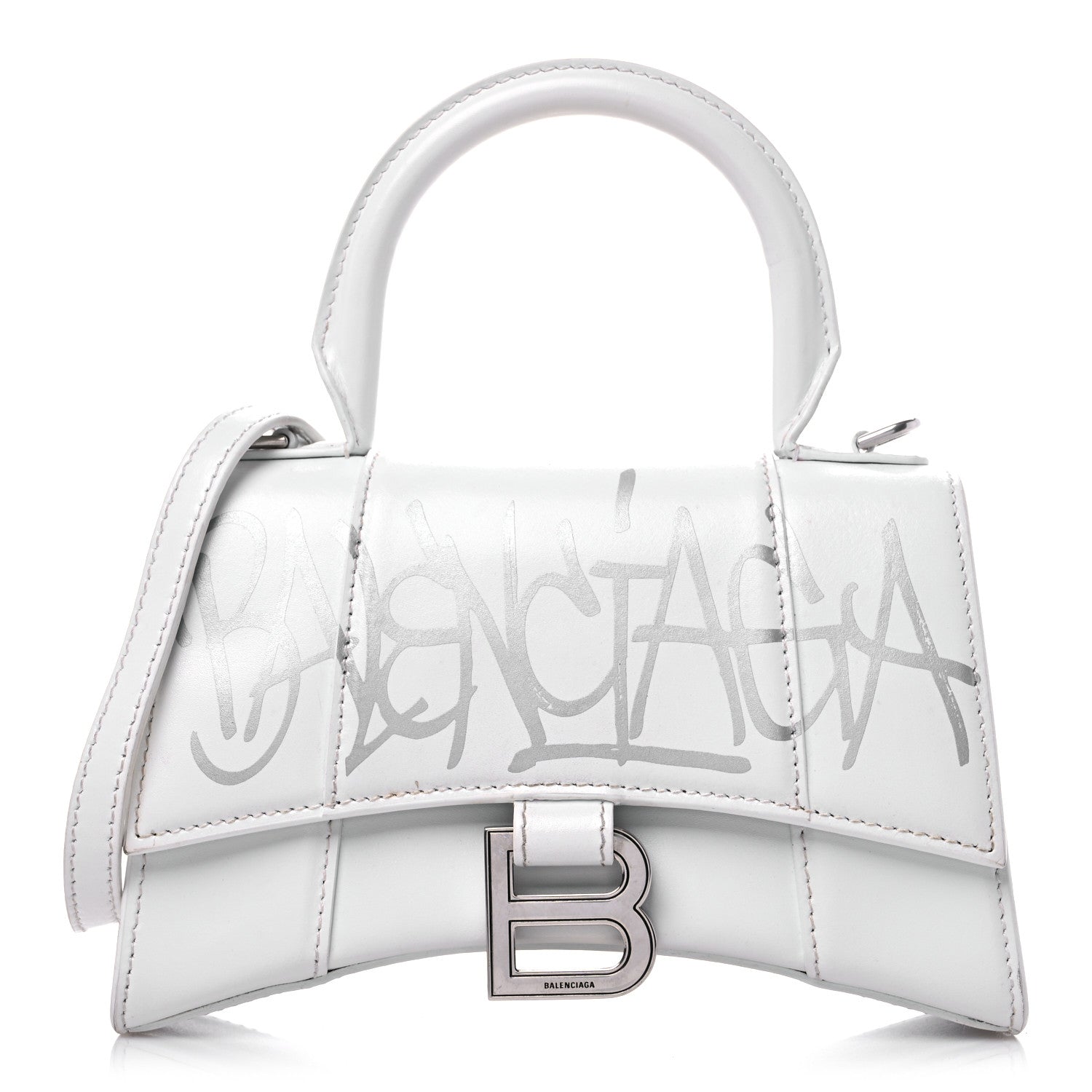 Balenciaga Box Calfskin Graffiti Logo Hourglass Top Handle Bag XS White Light Silver 1 of 16