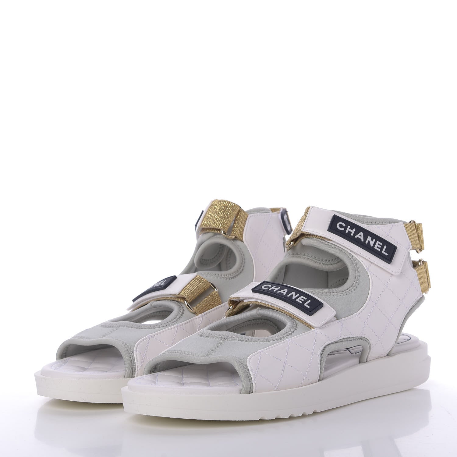 Chanel Goatskin Fabric Gladiator Sandals 41 White Light Grey Navy Blue 3 of 10