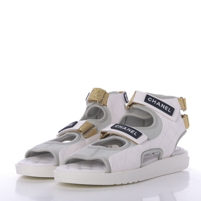 Chanel Goatskin Fabric Gladiator Sandals 41 White Light Grey Navy Blue 3 of 10