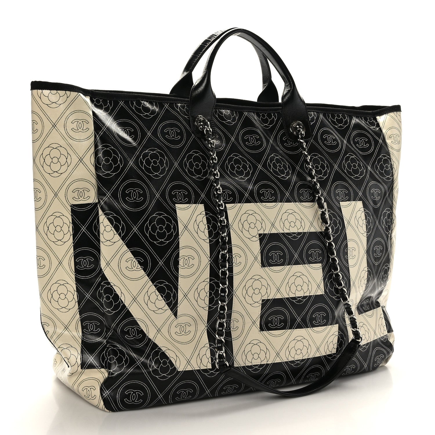 Chanel Coated Canvas Camellia Large Shopping Tote Black Beige 3 of 8