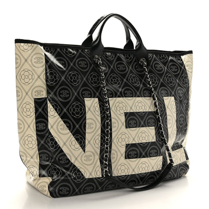 Chanel Coated Canvas Camellia Large Shopping Tote Black Beige 3 of 8