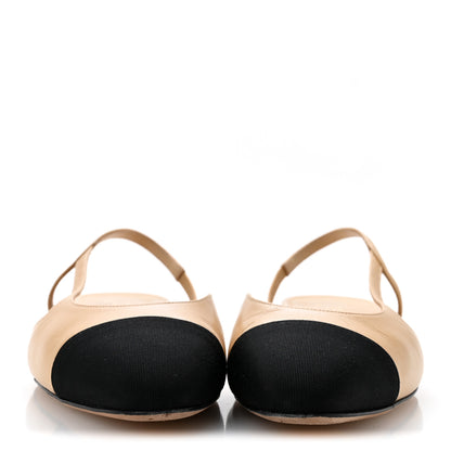 Chanel Goatskin Grosgrain Cap Toe CC Slingback Sandals 38.5 Beige Black 3 of 10
