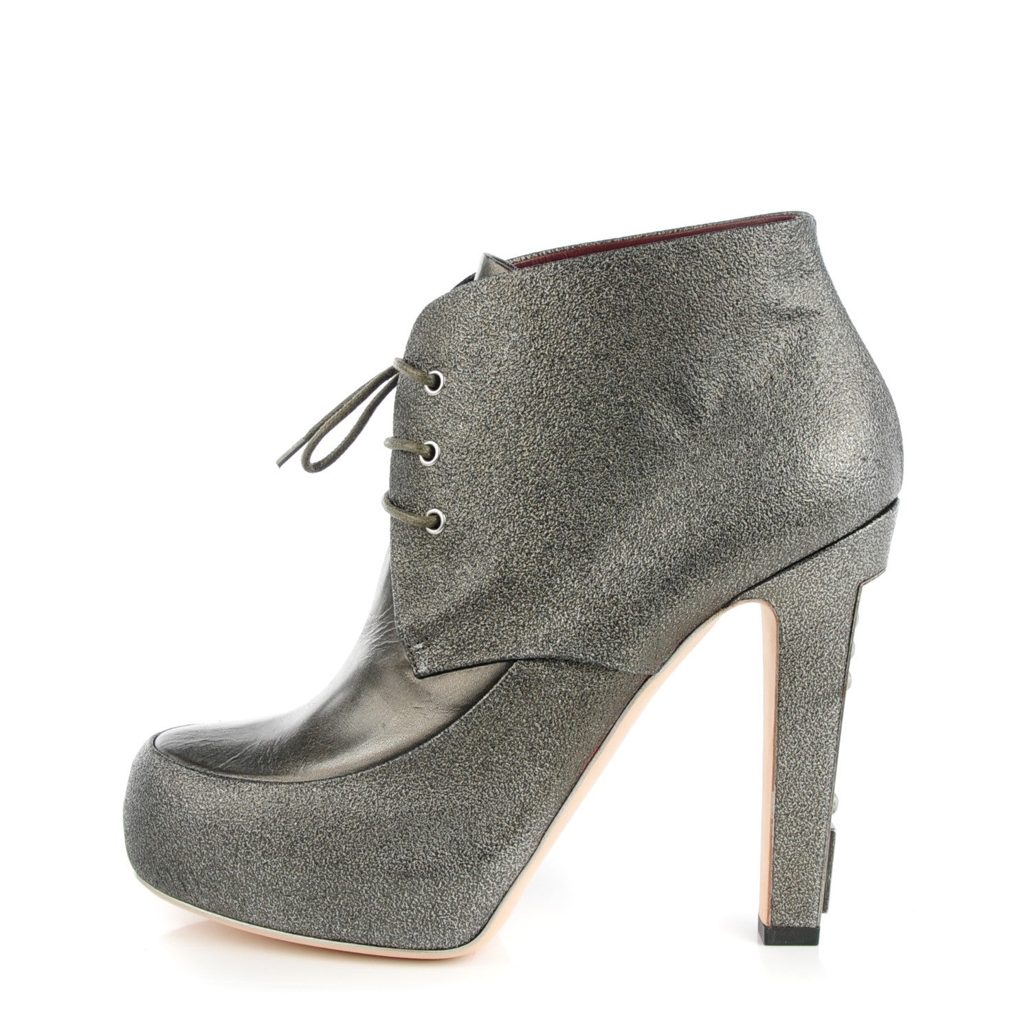 Chanel Metallic Leather Lace Up Booties 40 Kaki 1 of 10