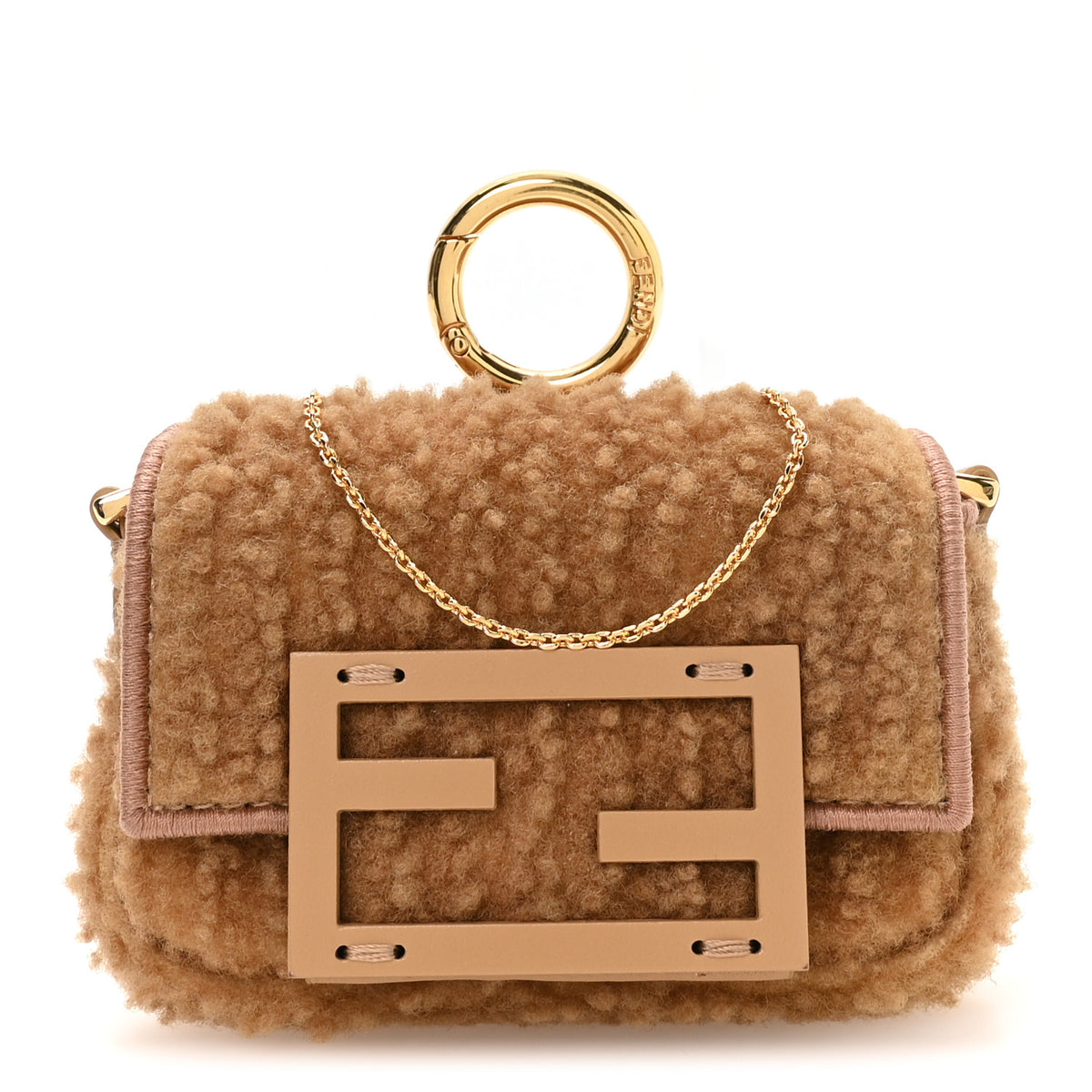 Shearling Nano Maxi Buckle Baguette Charm Camel